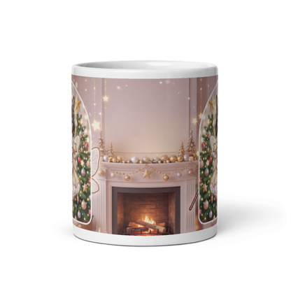 Back of the cat fairy mug showing a pink Christmas room with a fireplace and twinkling lights