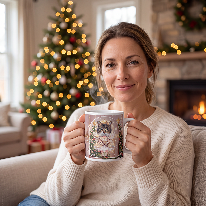 Cat fairy photo mug held in both hands to show the size