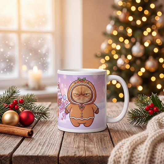 Personalized gingerbread cat mug with a cat's face, on a wooden table with a lit Christmas tree and a frosted window behind