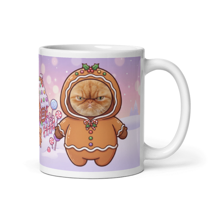 Cat gingerbread photo mug with the handle on the right, the cat's face printed on the front