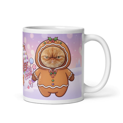Cat gingerbread photo mug with the handle on the right, the cat's face printed on the front