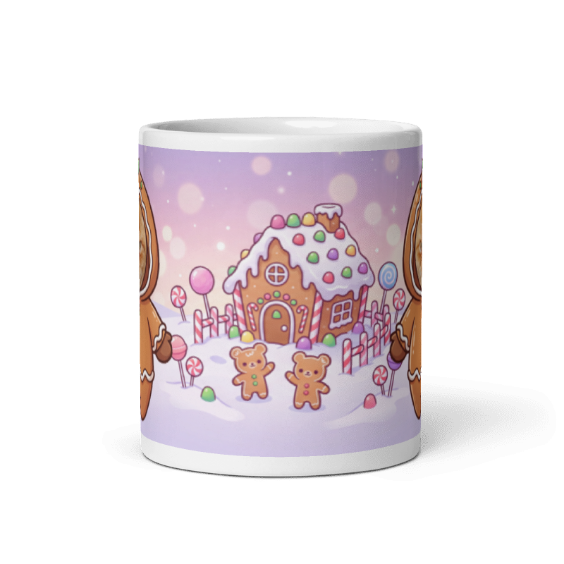 Back of the cat gingerbread mug showing a candy gingerbread house with little gingerbread friends