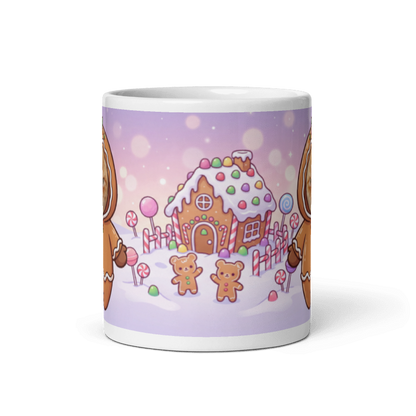 Back of the cat gingerbread mug showing a candy gingerbread house with little gingerbread friends