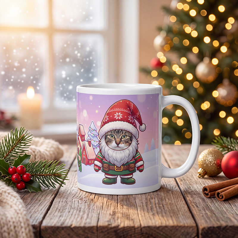 Personalized cat gnome mug with a cat's face, on a wooden table with a lit Christmas tree and a frosted window behind