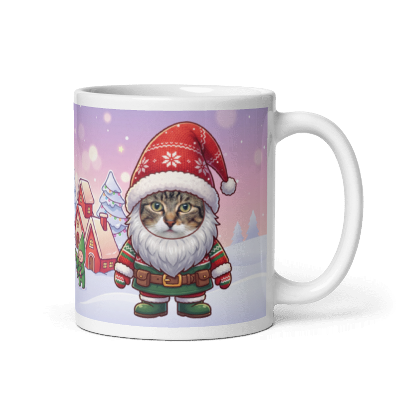 Cat gnome photo mug with the handle on the right, the cat's face printed on the front