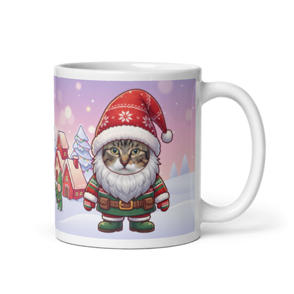 Cat gnome photo mug with the handle on the right, the cat's face printed on the front