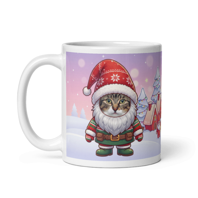 The same cat gnome mug with the handle on the left, the cat's face still showing