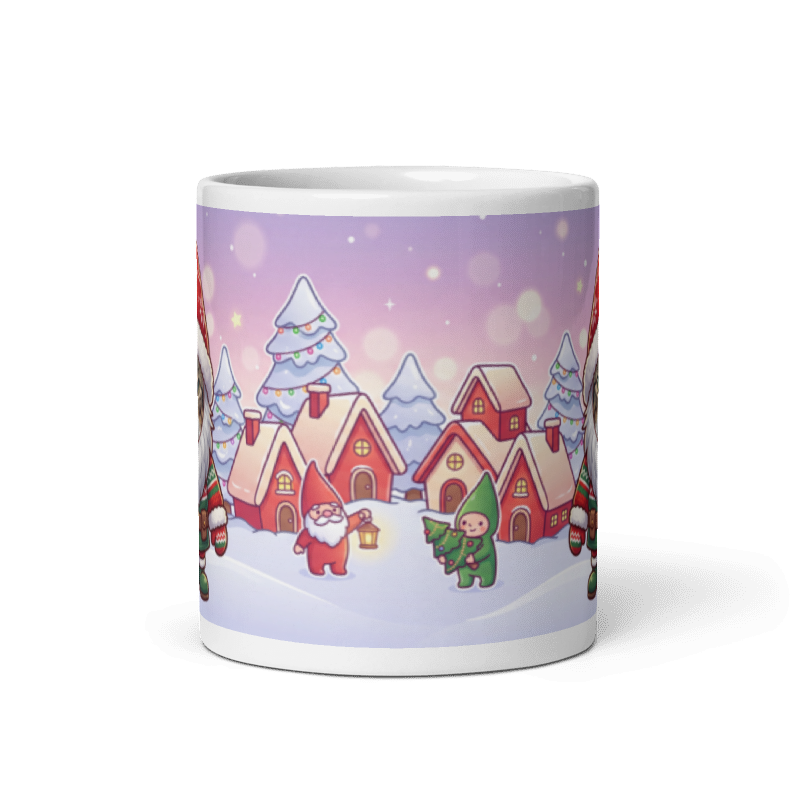 Back of the cat gnome mug showing a snowy gnome village with little red houses