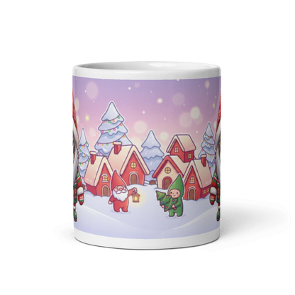 Back of the cat gnome mug showing a snowy gnome village with little red houses