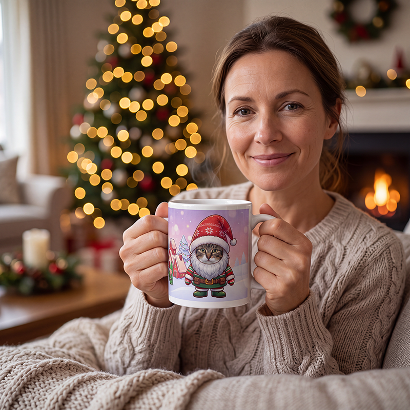 Cat gnome photo mug held in both hands to show the size