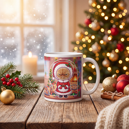 Personalized cat Mrs Claus mug with a cat's face, on a wooden table with a lit Christmas tree and a frosted window behind
