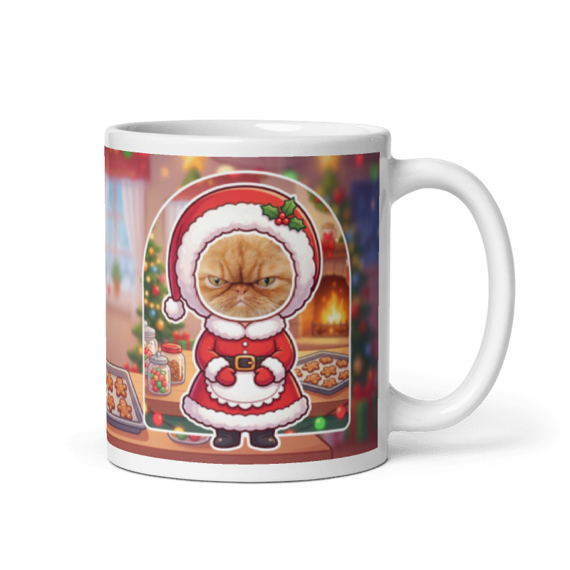 Cat Mrs Claus photo mug with the handle on the right, the cat's face printed on the front