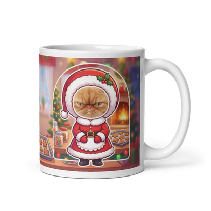 Cat Mrs Claus photo mug with the handle on the right, the cat's face printed on the front