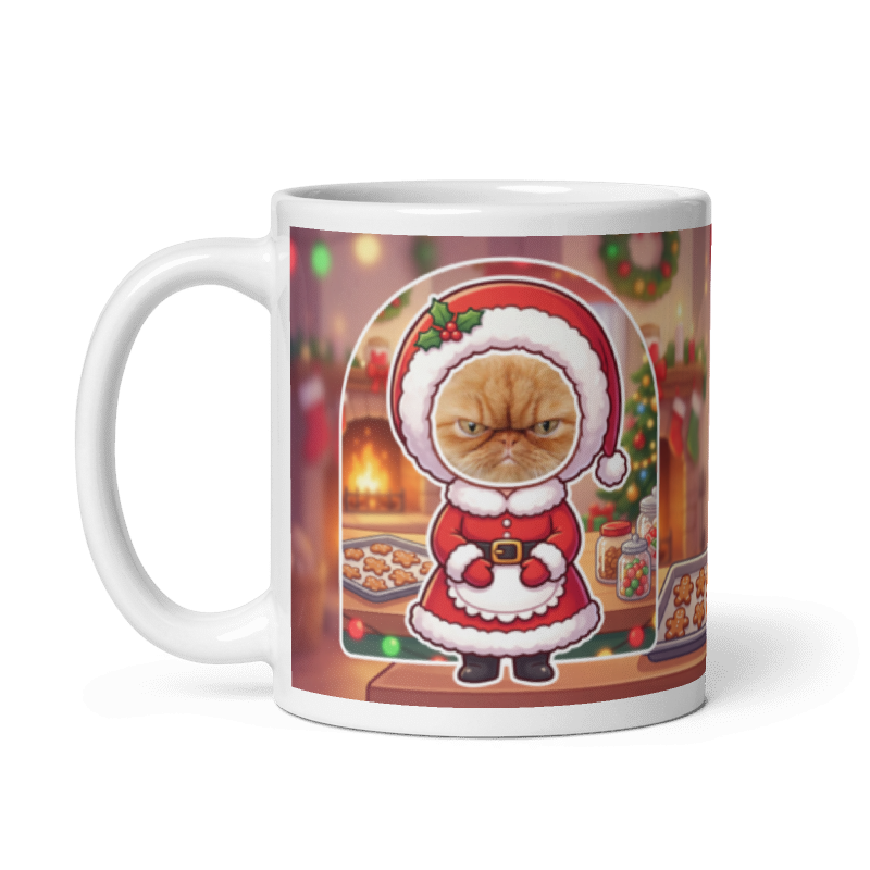 The same cat Mrs Claus mug with the handle on the left, the cat's face still showing