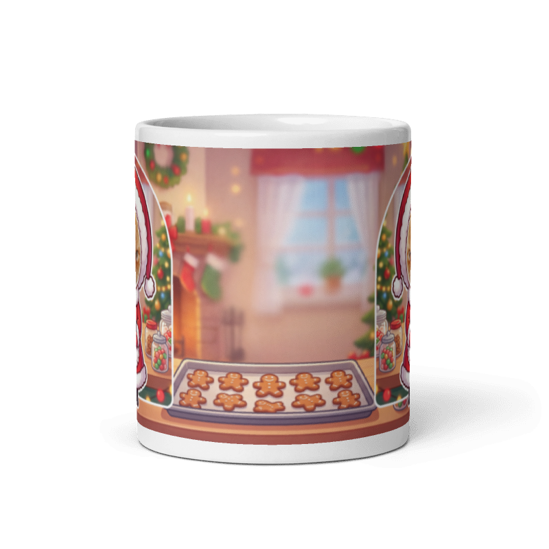 Back of the cat Mrs Claus mug showing a cosy Christmas kitchen with a tray of gingerbread cookies
