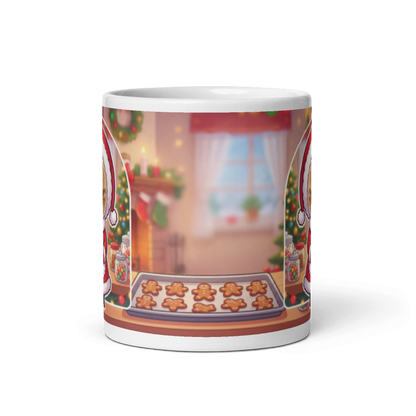 Back of the cat Mrs Claus mug showing a cosy Christmas kitchen with a tray of gingerbread cookies
