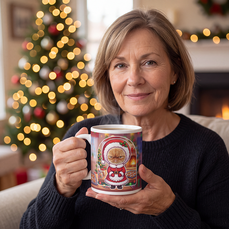 Cat Mrs Claus photo mug held in both hands to show the size