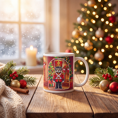 Personalized cat nutcracker mug with a cat's face, on a wooden table with a lit Christmas tree and a frosted window behind