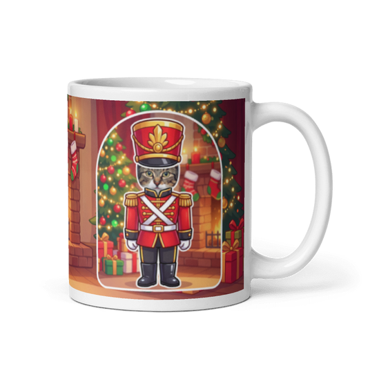 Cat nutcracker photo mug with the handle on the right, the cat's face printed on the front
