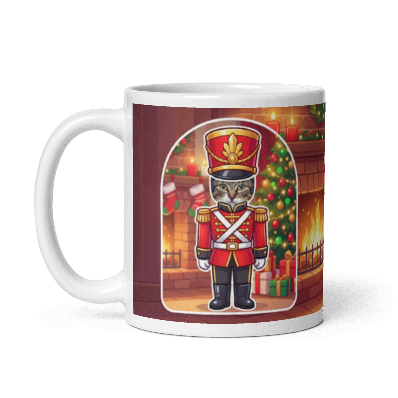 The same cat nutcracker mug with the handle on the left, the cat's face still showing