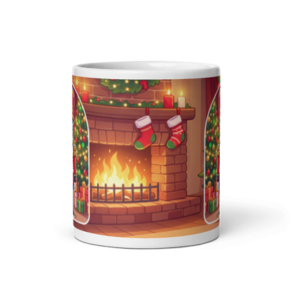 Back of the cat nutcracker mug showing a Christmas fireplace with stockings and garland