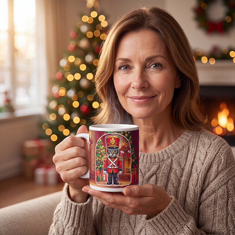 Cat nutcracker photo mug held in both hands to show the size