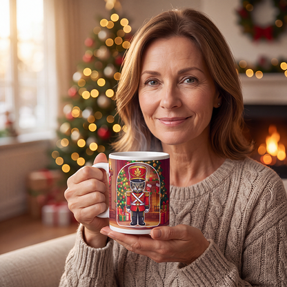 Cat nutcracker photo mug held in both hands to show the size