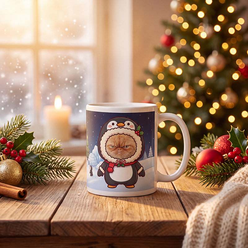 Personalized cat penguin mug with a cat's face, on a wooden table with a lit Christmas tree and a frosted window behind