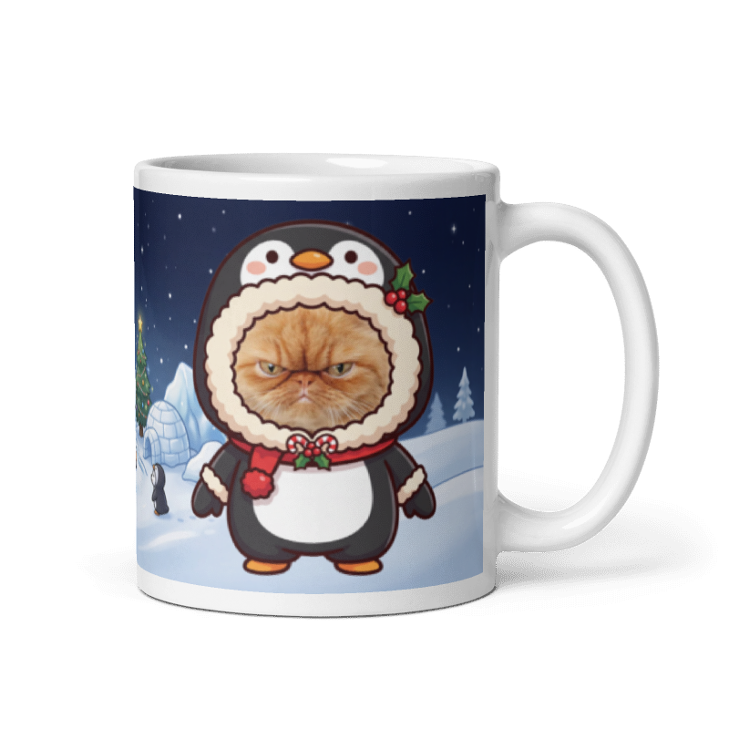 Cat penguin photo mug with the handle on the right, the cat's face printed on the front