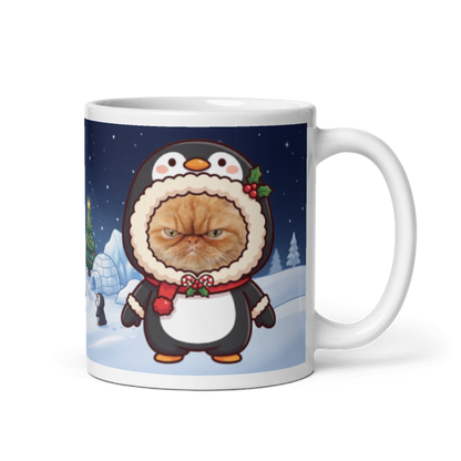 Cat penguin photo mug with the handle on the right, the cat's face printed on the front