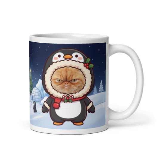 Cat penguin photo mug with the handle on the right, the cat's face printed on the front