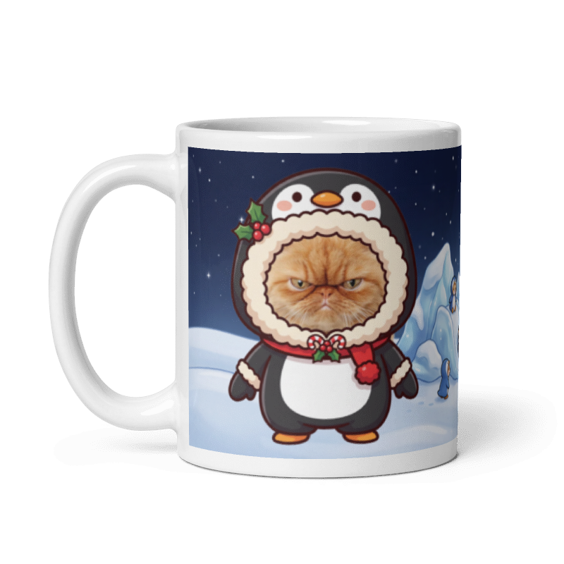 The same cat penguin mug with the handle on the left, the cat's face still showing