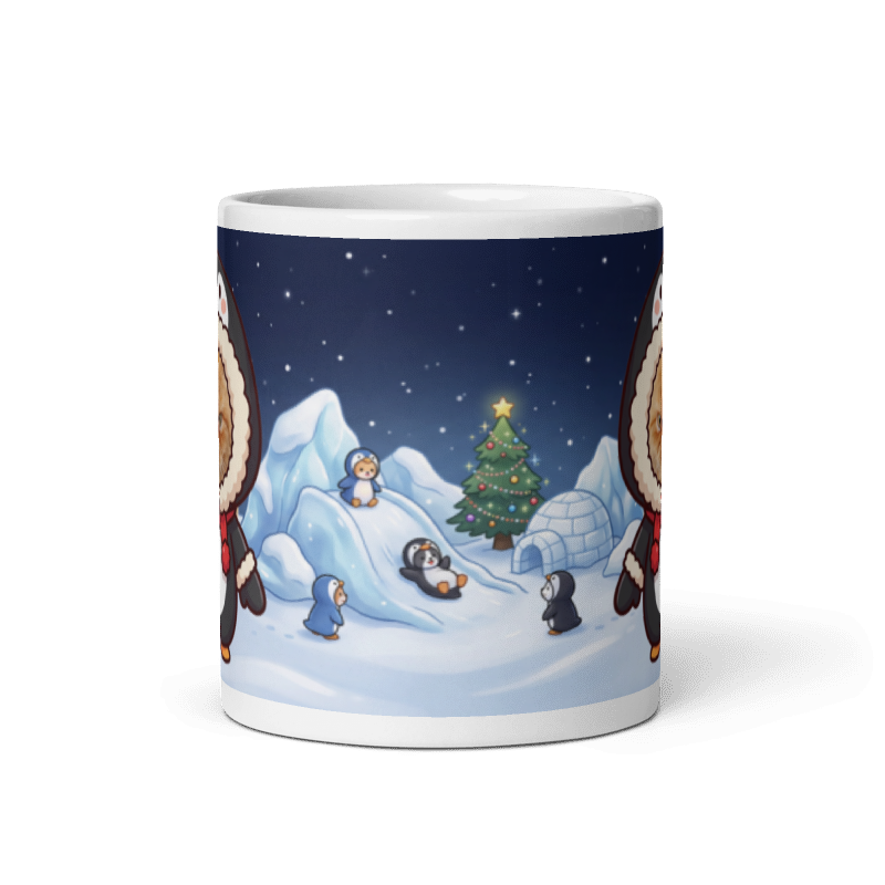 Back of the cat penguin mug showing the wraparound snowy igloo and penguins scene