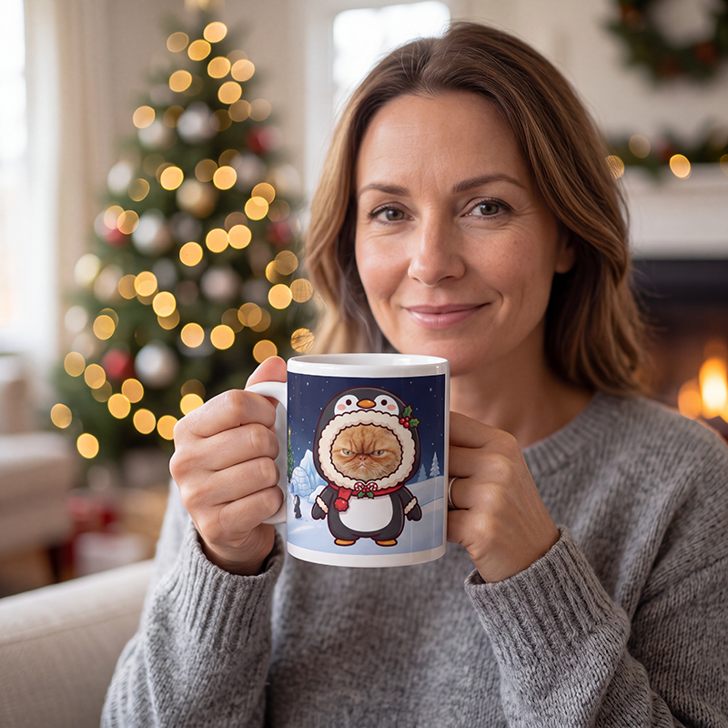Cat penguin photo mug held in both hands to show the size