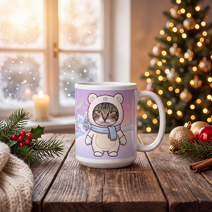 Personalized cat polar bear mug with a cat's face, on a wooden table with a lit Christmas tree and a frosted window behind