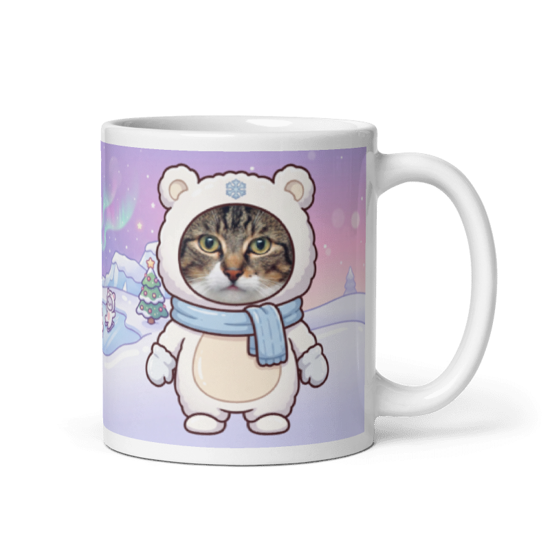 Cat polar bear photo mug with the handle on the right, the cat's face printed on the front