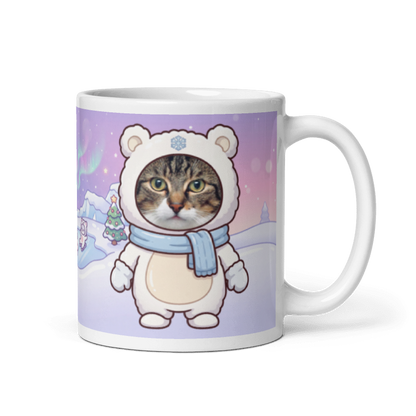 Cat polar bear photo mug with the handle on the right, the cat's face printed on the front