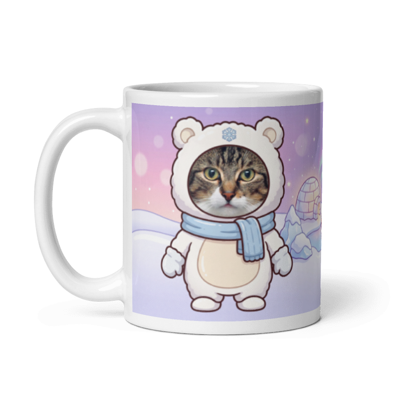 The same cat polar bear mug with the handle on the left, the cat's face still showing