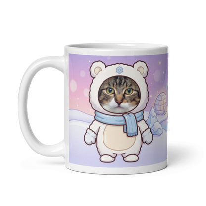 The same cat polar bear mug with the handle on the left, the cat's face still showing
