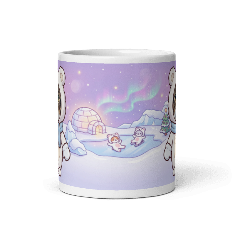 Back of the cat polar bear mug showing an igloo under the northern lights