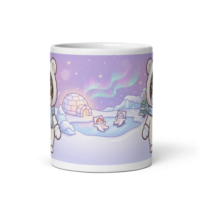 Back of the cat polar bear mug showing an igloo under the northern lights