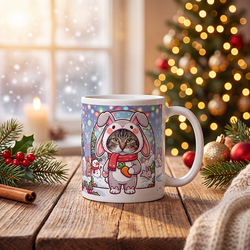 Personalized cat rabbit mug with a cat's face, on a wooden table with a lit Christmas tree and a frosted window behind