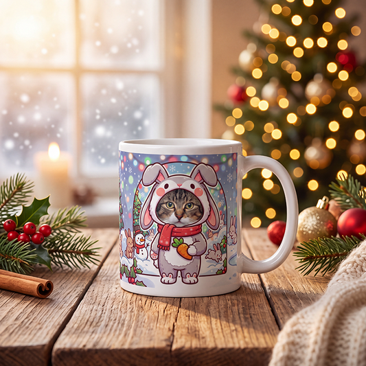 Personalized cat rabbit mug with a cat's face, on a wooden table with a lit Christmas tree and a frosted window behind
