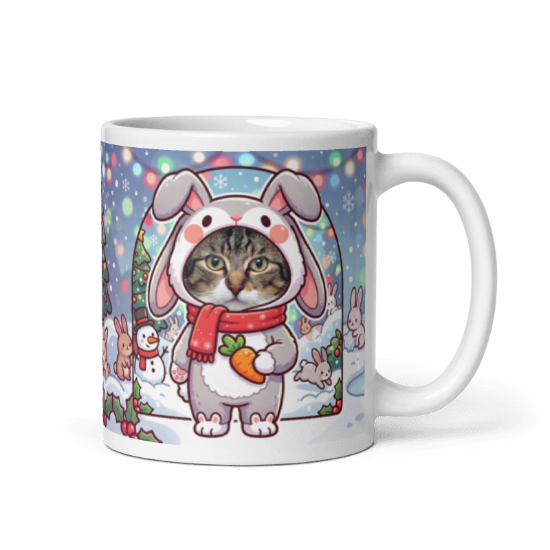 Cat rabbit photo mug with the handle on the right, the cat's face printed on the front