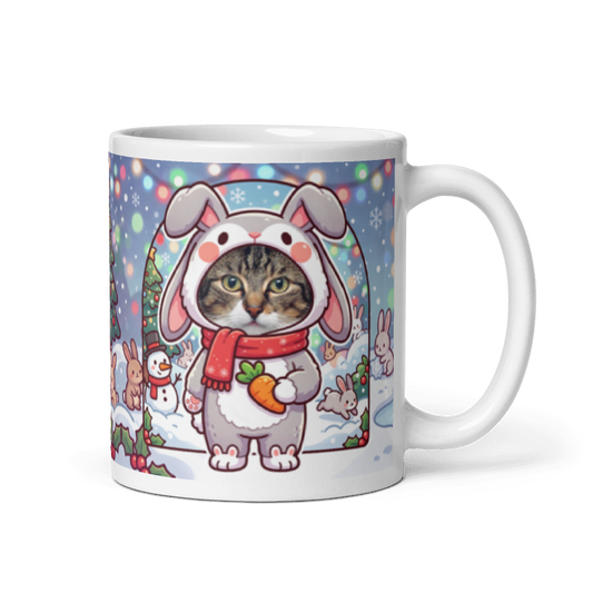 Cat rabbit photo mug with the handle on the right, the cat's face printed on the front