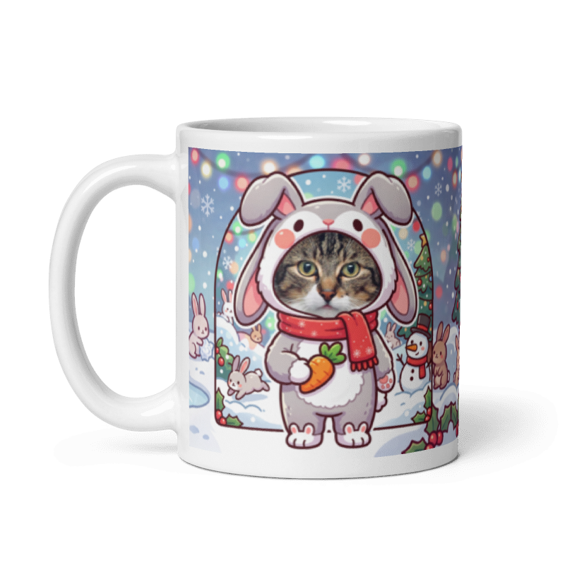 The same cat rabbit mug with the handle on the left, the cat's face still showing