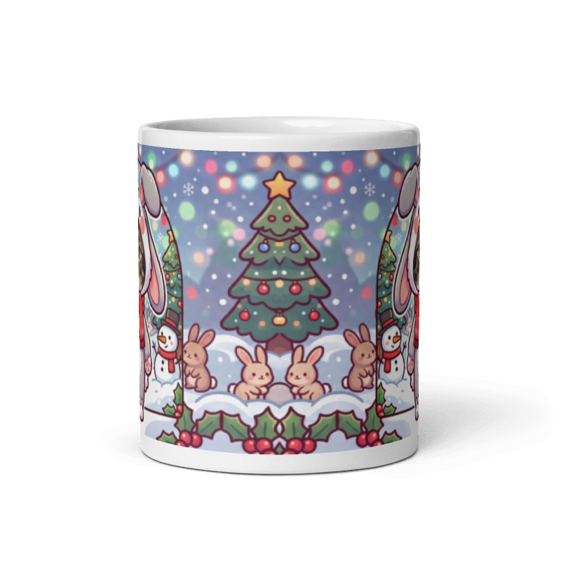 Back of the cat rabbit mug showing bunnies and snowmen around a Christmas tree
