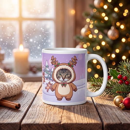 Personalized cat reindeer mug with a cat's face, on a wooden table with a lit Christmas tree and a frosted window behind