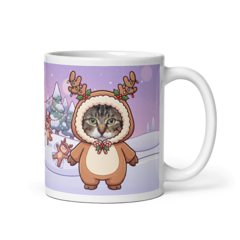 Cat reindeer photo mug with the handle on the right, the cat's face printed on the front