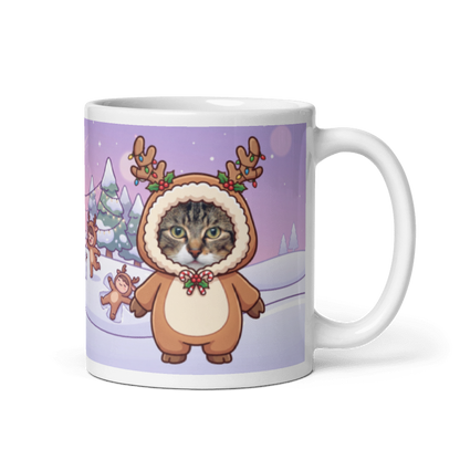 Cat reindeer photo mug with the handle on the right, the cat's face printed on the front